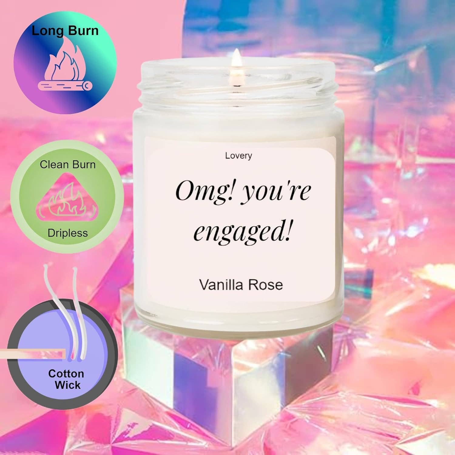 Lovery - Wholesale Jar/Filled Candle - OMG You're Engaged, Vanilla Rose Scented Soy Wax Candle 10oz3