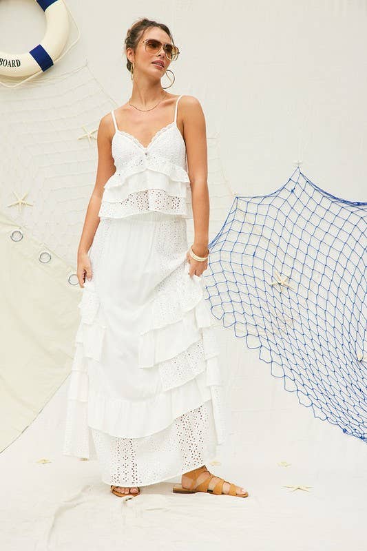 Off White Eyelet Ruffle Maxi Skirt for wholesale on Faire7
