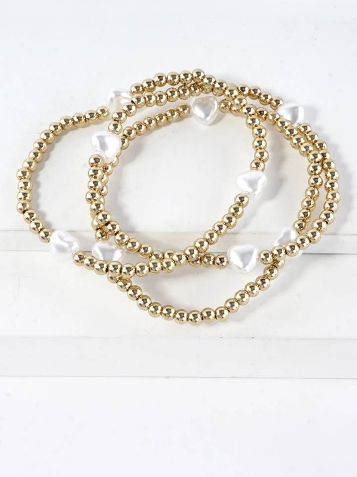 3PC-Set Resin Pearl Heart Stretch Bracelets for wholesale by Wild Honey