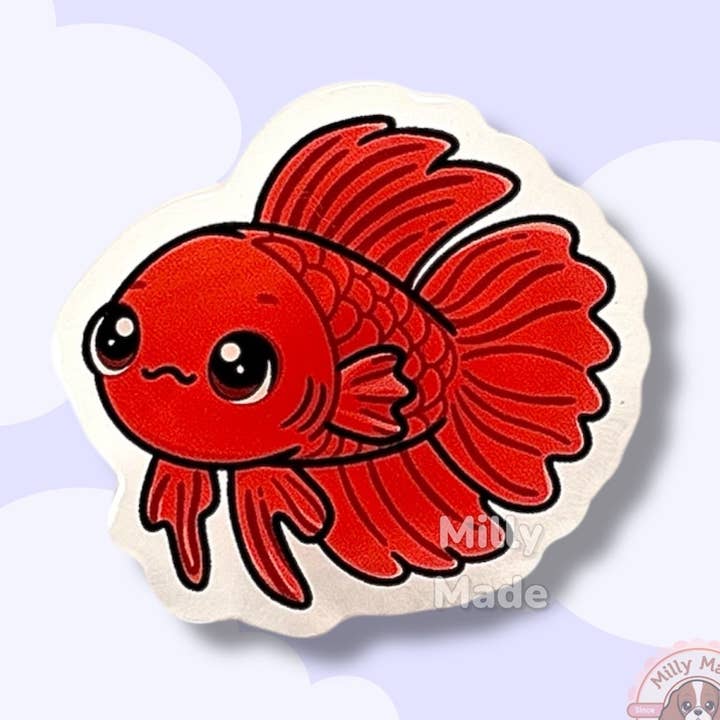 Épingle en acrylique Poisson Combattant Rouge avec résine époxy | Poisson mignon dessin animé | Design dessiné à la main pour la vente par Milly Made Designs