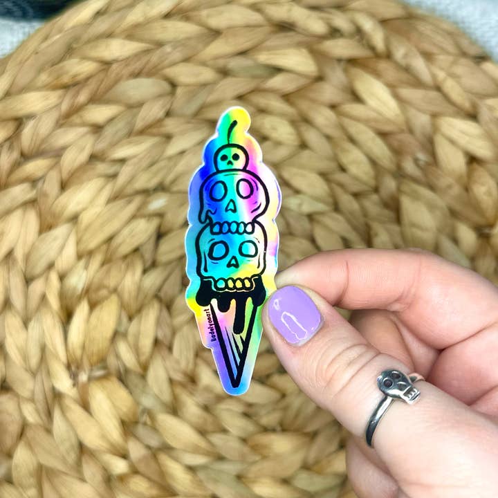 liadelyonart - Wholesale Sticker - Skull Ice Cream Cone Holographic Sticker, 3.2 x 1