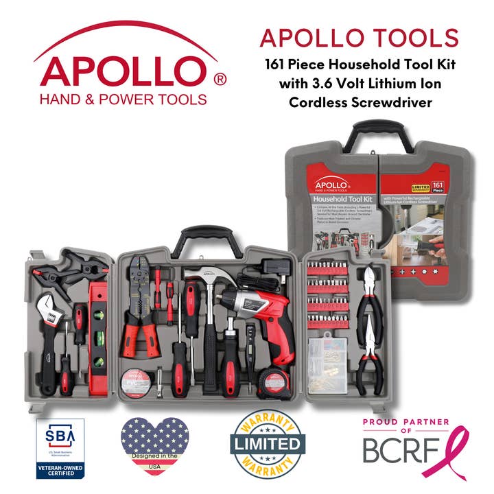 Apollo Tools - Wholesale Handy Tool - 161 Pc Household Tool Kit w 3.6v Li-ion Cordless Screwdriver4