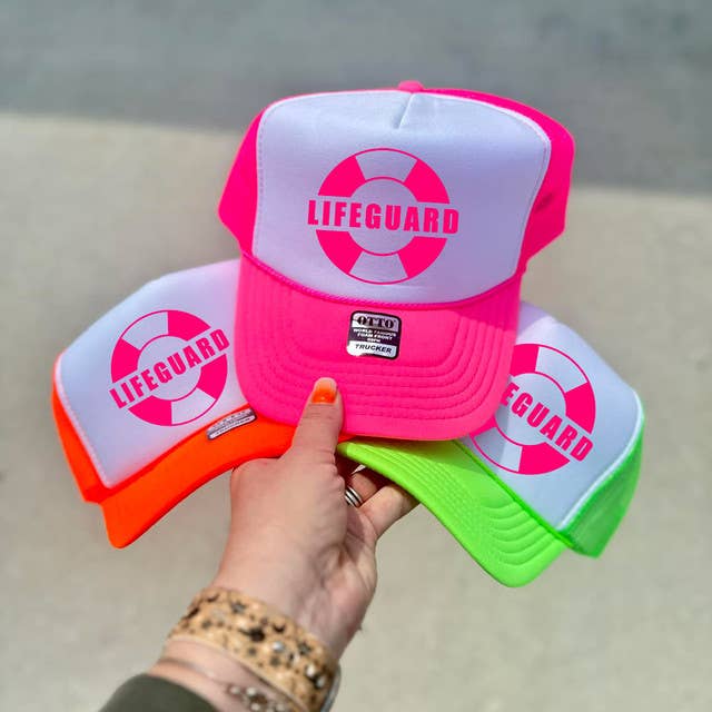 Lifeguard thru Tube Neon Pink Hat/Pocket Screen Print Heat Transfer for wholesale by Trendy Transfers