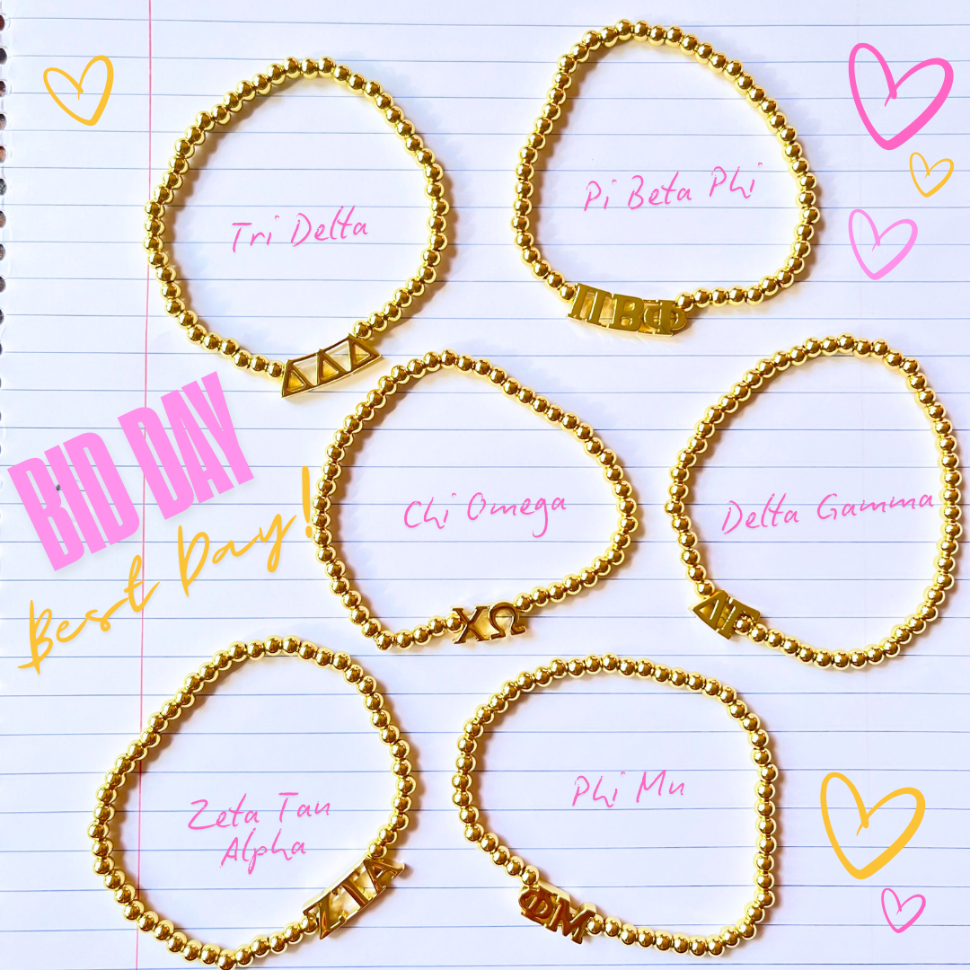 Color Shout - Wholesale Beaded Bracelet - B211 - Sorority: Gold Beaded Bracelet with Greek Letters on Stretch Cord29