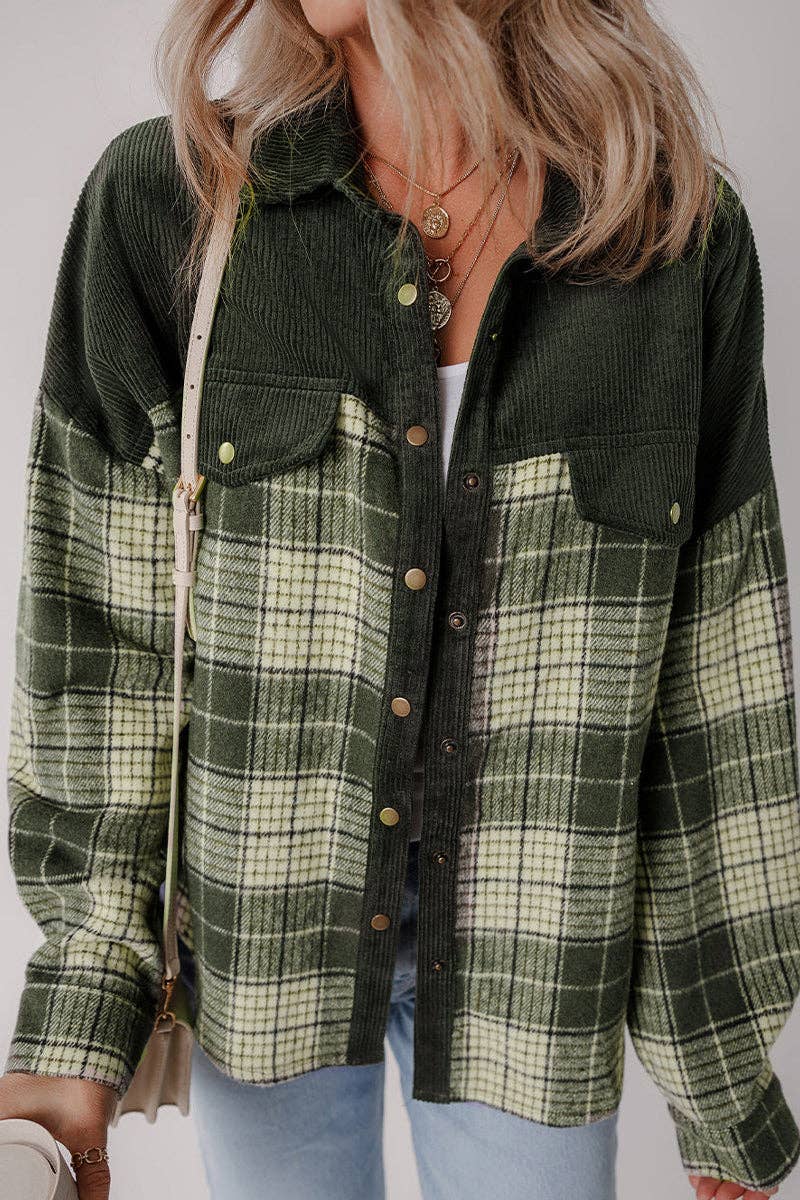 GREEN Plaid Corduroy Button-Up Shirt for wholesale on Faire0