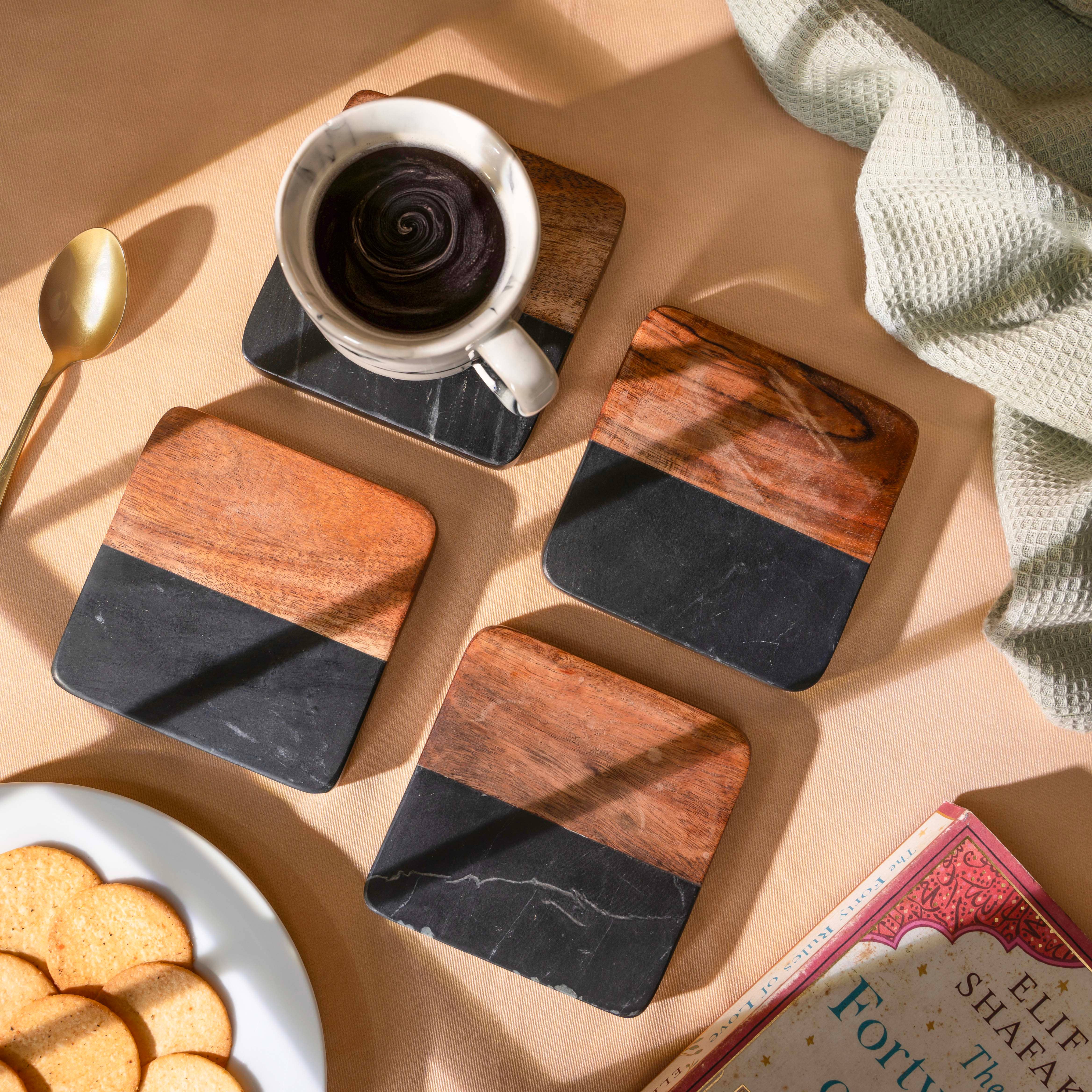 LuxeDesigns Co LLC - Wholesale Coasters - Artisan Marble and Wood Square Coaster Set of 4 - Black9