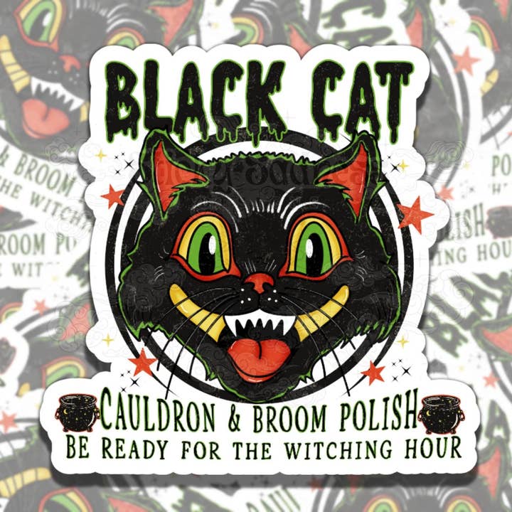 Autocollant en vinyle effrayant "Chaudron & Balai de Chat Noir". pour la vente par Sticky Sadness Designs