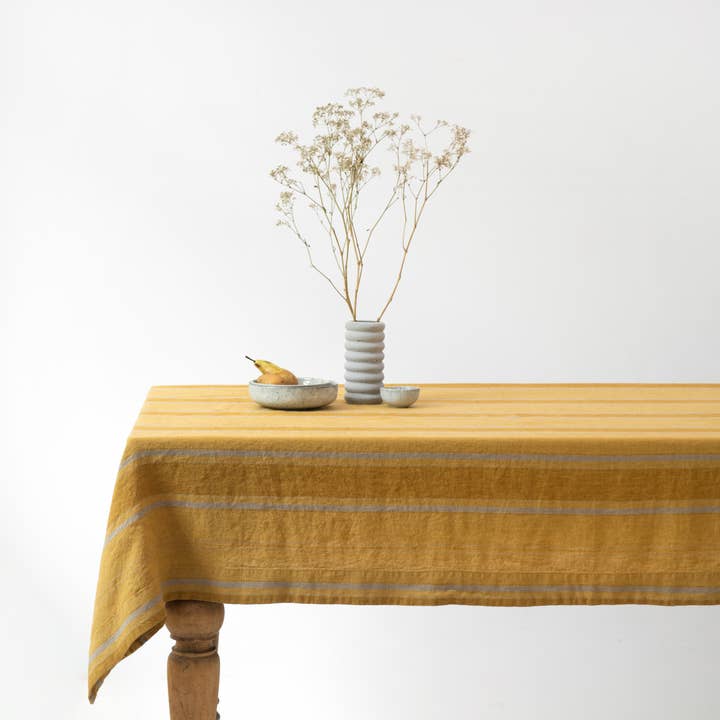 Amber Bronze Stripes Linen Tablecloth for wholesale by Linen Tales (We cover U.S. import duties)