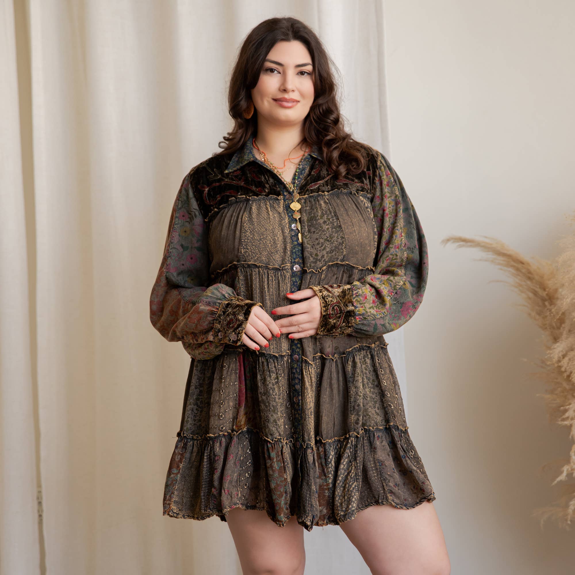 Young Threads - Wholesale Dress - Women's - Artisan Embroidered Jhabla Shirt Dress in Mixed Motifs PLUS6