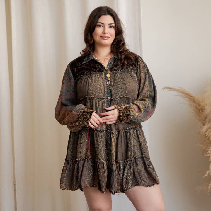 Young Threads - Wholesale Dress - Women's - Artisan Embroidered Jhabla Shirt Dress in Mixed Motifs PLUS6