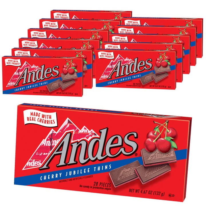 Andes Cherry Jubilee Thins Tray Chocolate Box 4.67 oz 12 ct for wholesale by Long Island Candy Factory