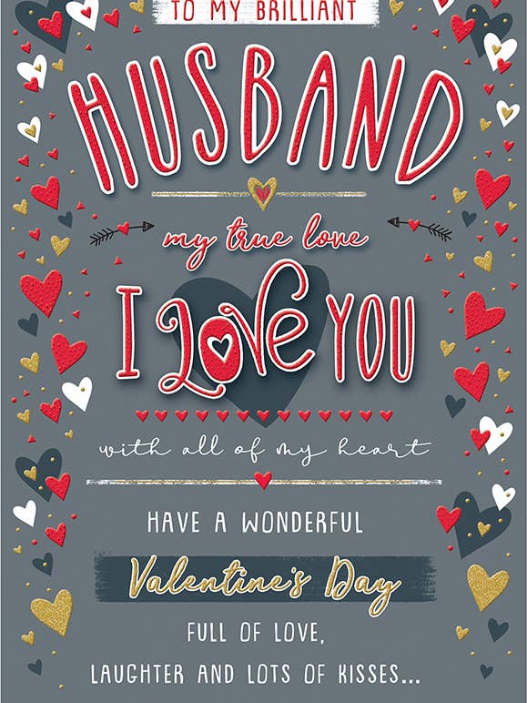 Valentijnskaart, Echtgenoot, Tekst & harten op grijs voor wholesale door Piccadilly Greetings