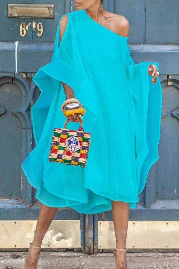 Queen Fashion – Vestido - Mulher por atacado – Vestido Assimétrico de Chiffon com Manga de Morcego e Um Ombro Só até Meio da Perna4