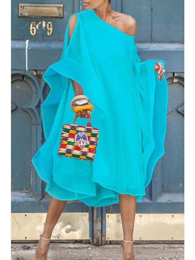 Queen Fashion - Wholesale Dress - Women's - One-Shoulder Bat Sleeve Asymmetrical Chiffon Mid Calf Dress4