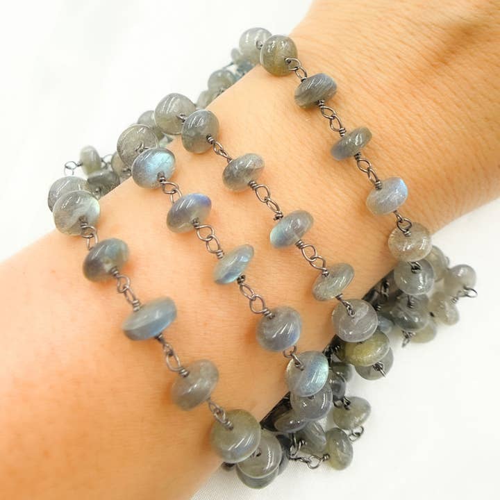 Labradorite Rondel Smooth Oxidized Wire Chain. LAB100 for wholesale by Tresor Jewelry Inc.