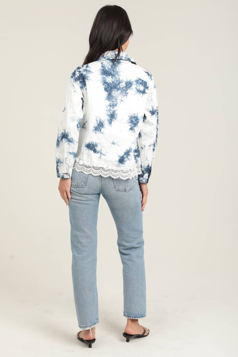 E2T83-ASIS BLEACH TIE DYE WASH DENIM JACKET WITH LACE HEM for wholesale on Faire4
