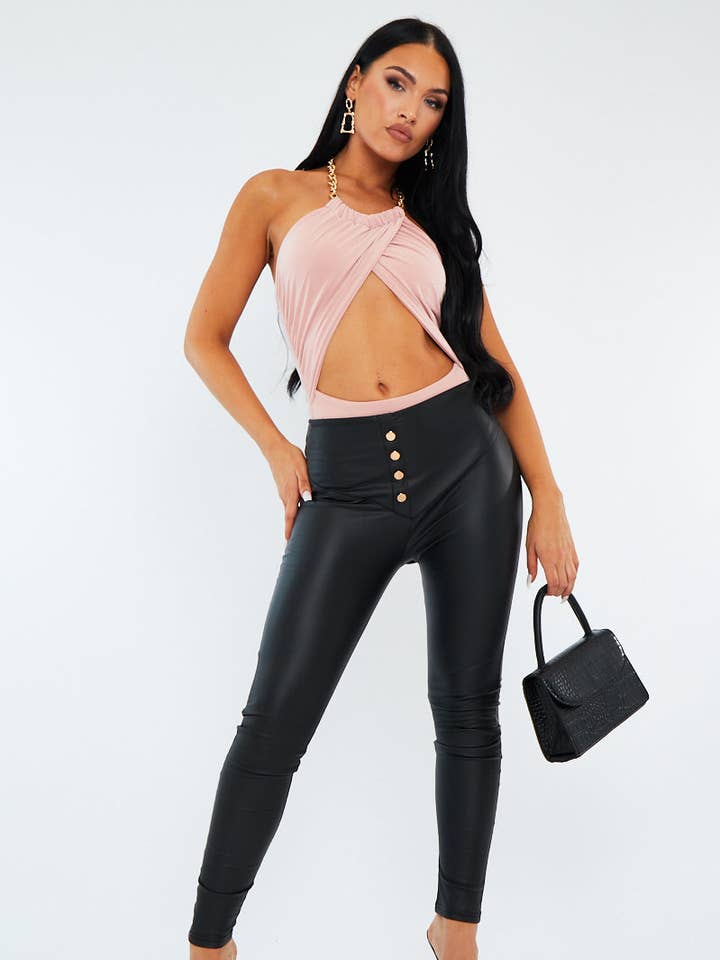 Black PU Leather Faux Button Front Leggings - Ambra for wholesale by Rebellious Fashion