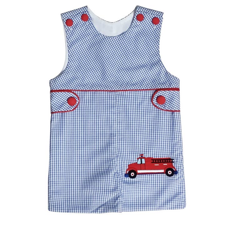 Firetruck Applique Boy's Overall for wholesale by Marco and Lizzy