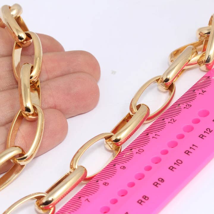 14x25mm 24k Skinnende Guld Stor Oval Kædeled, CHK557 for engroshandel hos QueenJewelryM