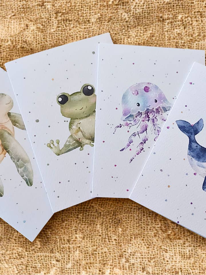 Greetings Cards - Pack of 4 - Jellyfish, Turtle, Frog, Whale for wholesale by Tiny Tiptoes