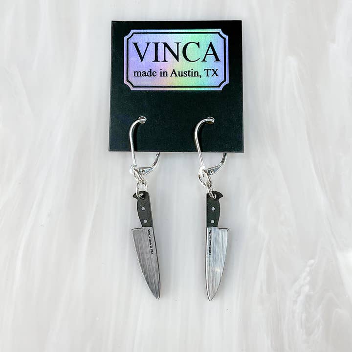 Vinca - Wholesale Dangle Earrings - Tiny 1” Chef's Knife Dangle Earrings in Silver2