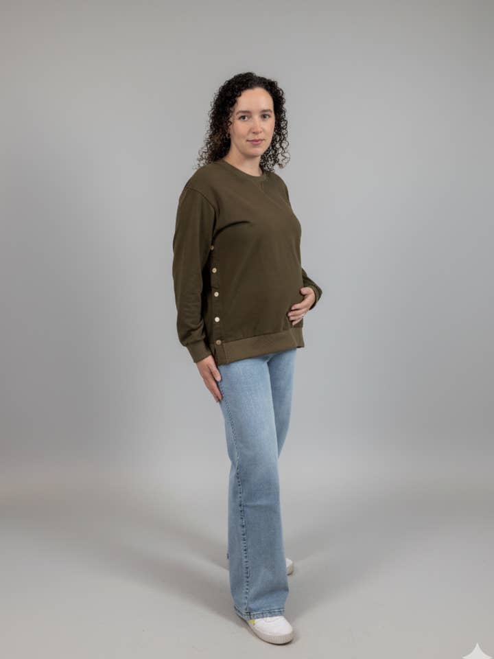Sienna Maternity and Nursing Crewneck Sweatshirt -Adjustable Side Buttons for wholesale by Ella Bella Maternity