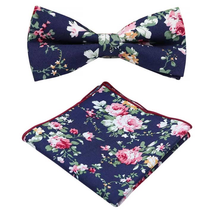 Millie Navy Blue Floral Bow Tie and Pocket Square Set for wholesale by Dickie Bow