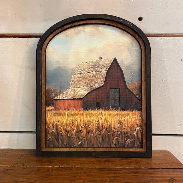 Amber Wheat with Red barn Canvas Print in Arched Frame for wholesale by LAND OF COTTON