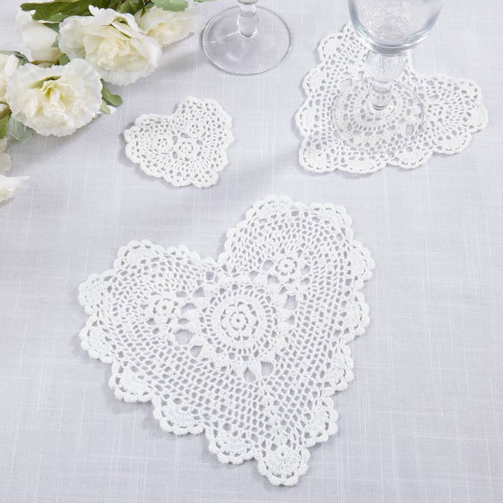 White Hand Crocheted Heart-Shaped Cotton Lace Cotton Doily for wholesale by Fennco Styles