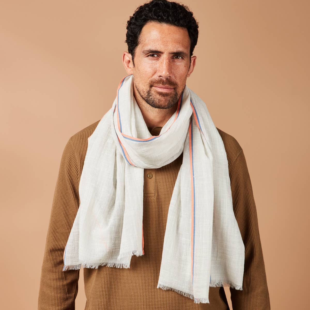 AV08 PARIS - Wholesale Scarf - Men's - Pack of 10 men's scarves - Green/orange/blue tones - Cotton & linen5