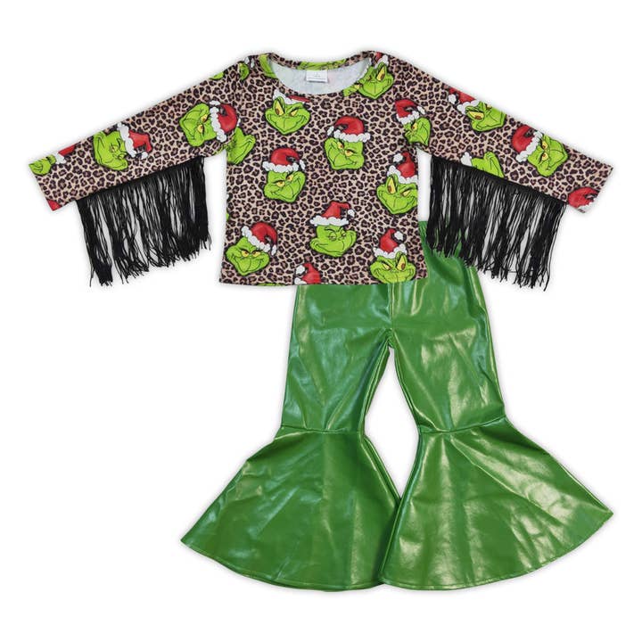 Baby Girls Christmas Frog Tassel Shirt Green Pleather Pants for wholesale by Aier Wholesale