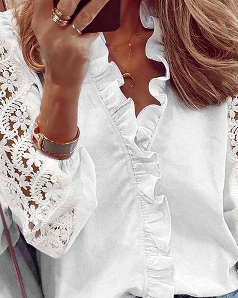 Queen Fashion – Blusa - Mulher por atacado – camisa de manga comprida com bainha de babado de renda com emenda de cor2