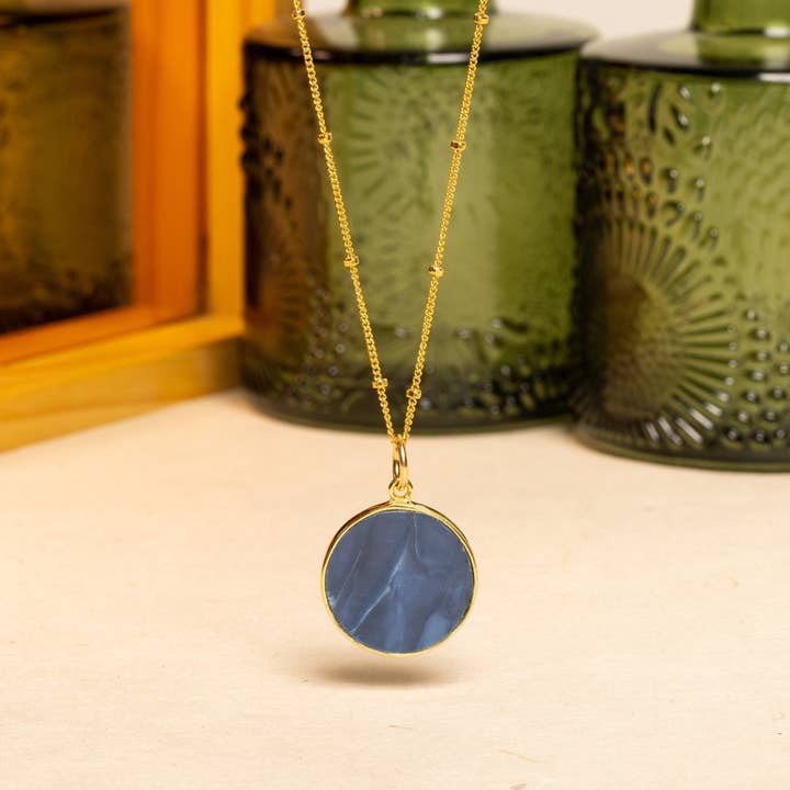 Blue Opal Gold Disc Pendant Necklace (Satellite Chain) for wholesale by Soul & Little Rose