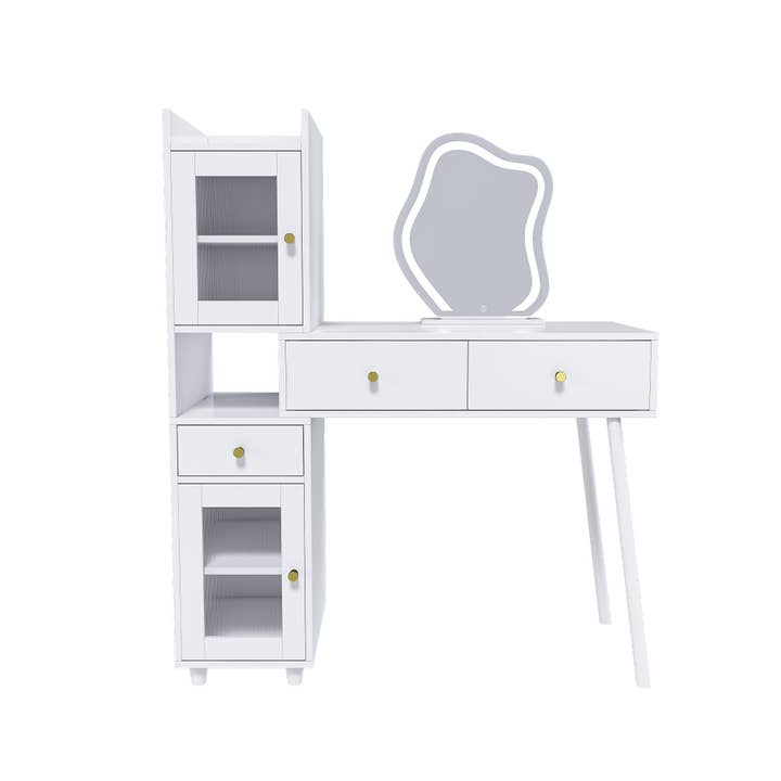 39F Inc. - Wholesale Vanity Mirror - Vanity Dressing Table with LED Mirror & Storage - White Makeup Desk with 3 Drawers, 2 Open Shelves & 4 Hidden Cabinets14