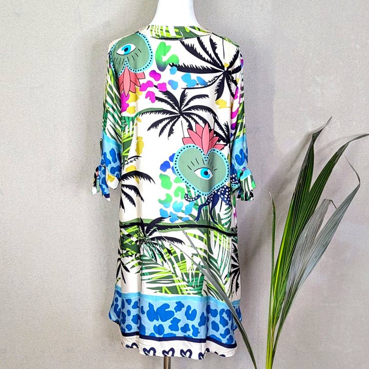 Tempest Designs – wholesale Dress – Women's – Viscose satin feel palms, eyes and animal fusion print half button down dress with pockets (M-L)1