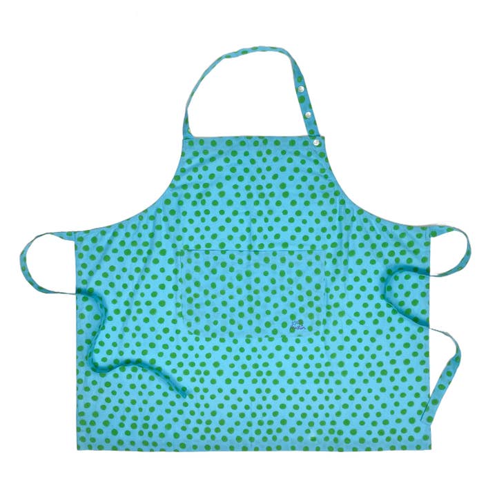 Schort met voorvak in blauwe groene stip voor wholesale door kate austin designs