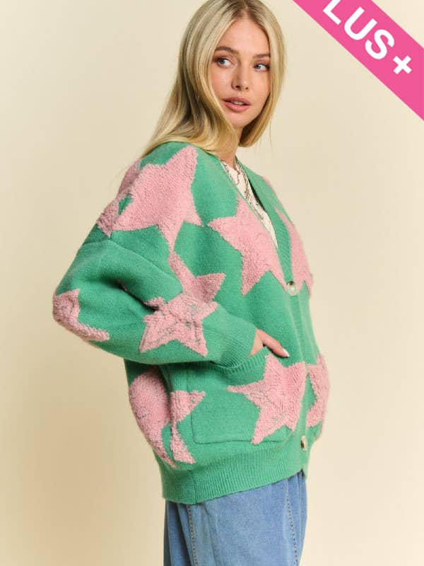 PLUS FUZZY STAR LOOSE FIT BUTTON DOWN CARDIGAN for wholesale by Davi & Dani
