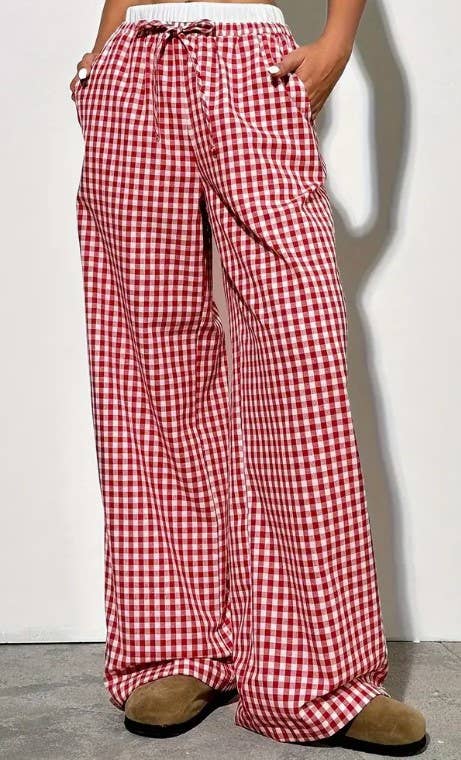 Rosa Clothing - Wholesale Pants - Women's - Summer drawstring plaid wide-leg pants1