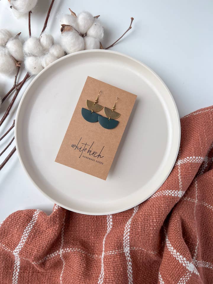 Mini Dark Teal Leather Half Moon and Brass Earrings for wholesale by Whitebirch Handmade Goods