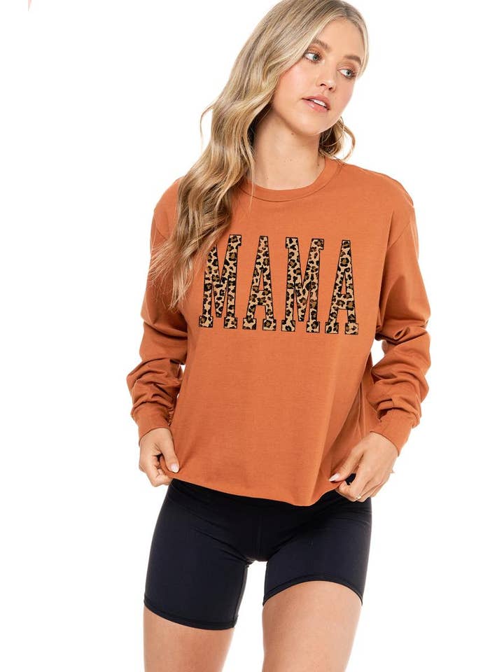 Foryeri - Wholesale Screen Printed T-Shirt - Women's - Mama Leopard Graphic L/S Faux Crop Top