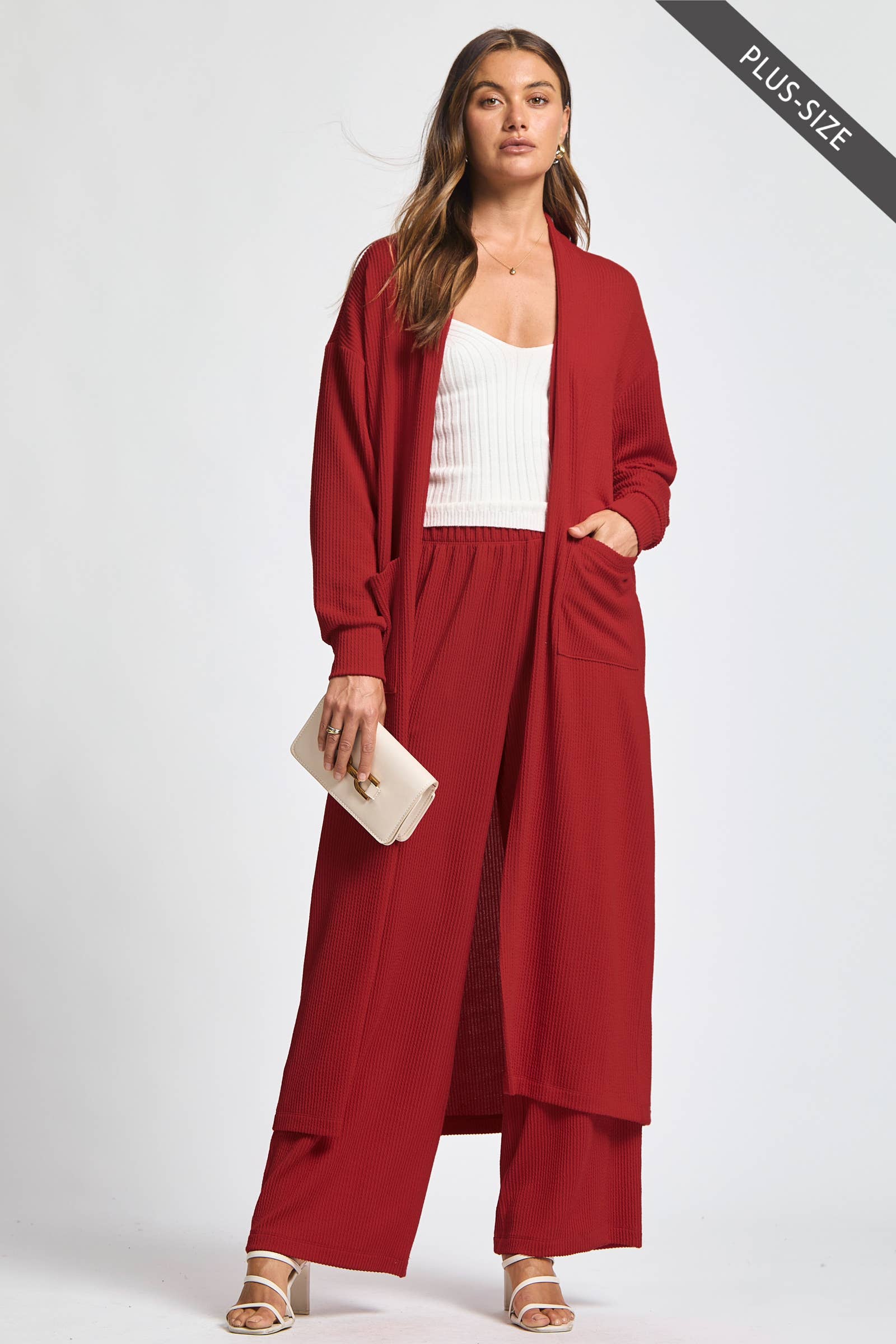 Dear Scarlett - Wholesale Top & Pant Set (NOT Loungewear) - Women's - PLUS SIZE Longline Cardigan + Relaxed Pants 2 Piece Set11