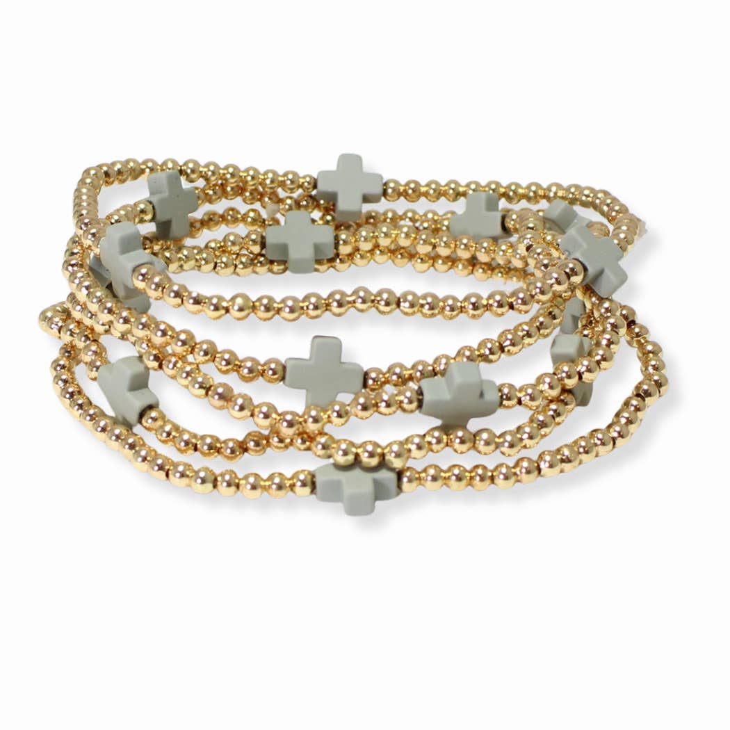 SOPHIA WHOLESALE - Wholesale Beaded Bracelet - Multi layered gold bead stretch bracelet with cross accent n8
