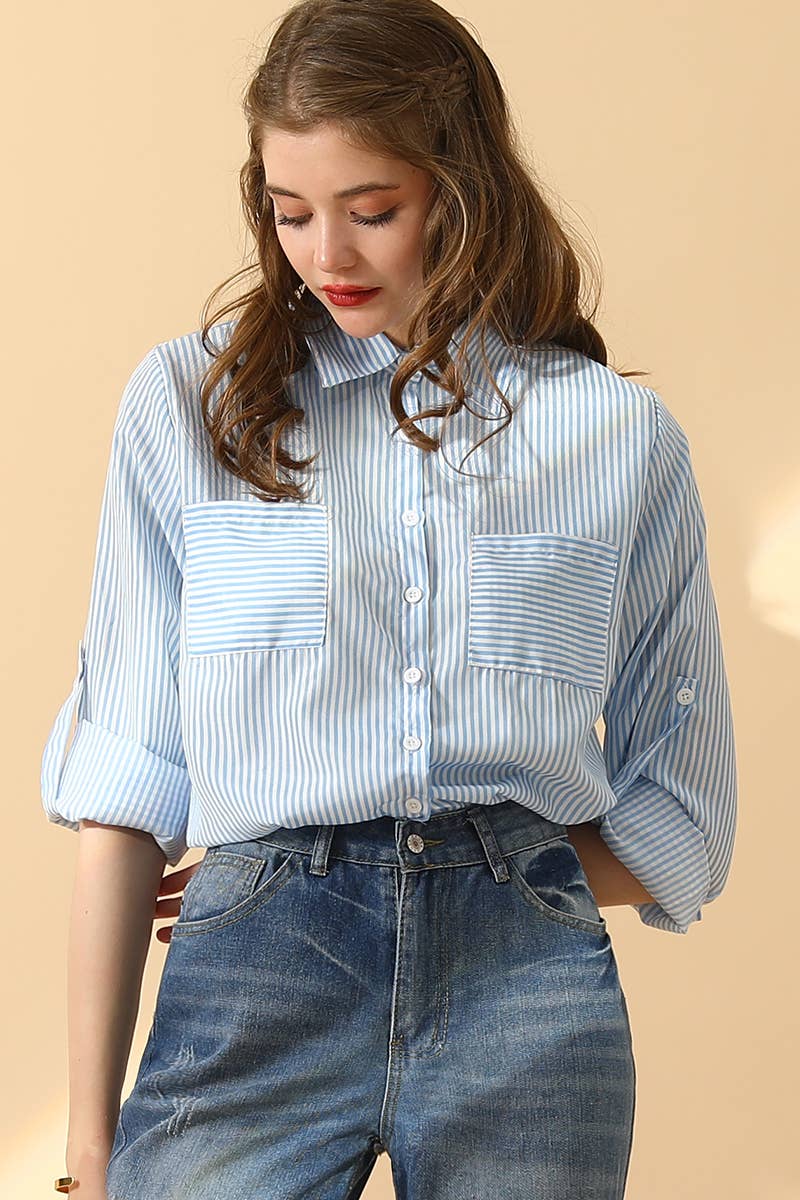 NINEXIS - Wholesale Button Down Shirt - Women's - CWTSTL716_Striped Button Down Long Sleeve Collared Shirts20