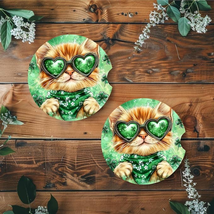 St. Patrick’s Day Cat Car Coasters Set of 2, Neoprene Car Coasters, Cute Cat, Mom Gift for wholesale by Uniquely Designed By Rebecca
