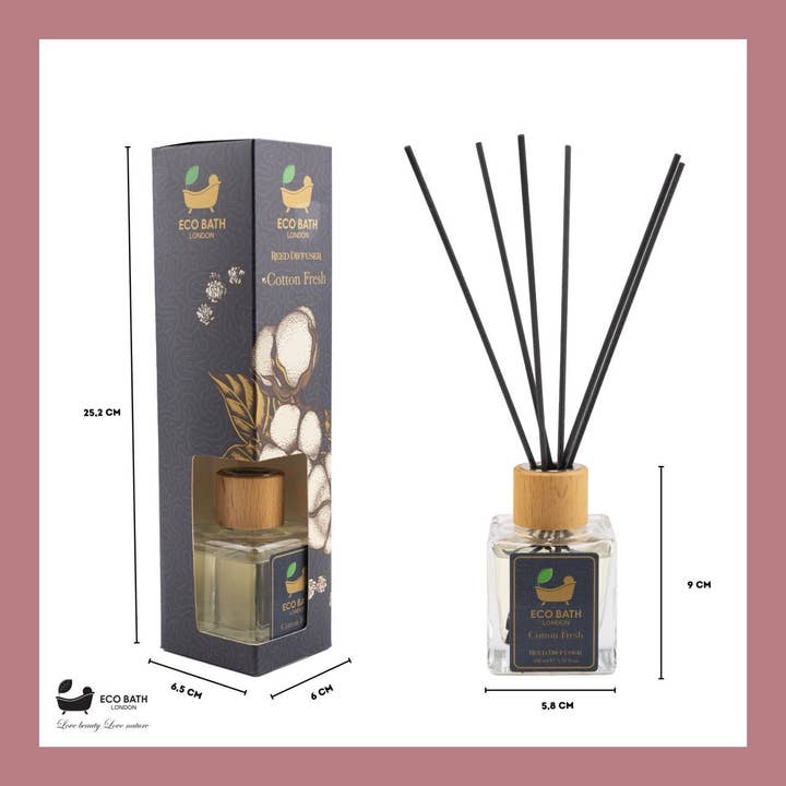 Eco Bath London - Vendita all'ingrosso Diffusori a lamella - Eco Bath London Cotton Fresh Reed Diffusore da 100 ml (3,38 Fl.Oz) - Lussuoso diffusore calmante a bastoncini per profumare la casa