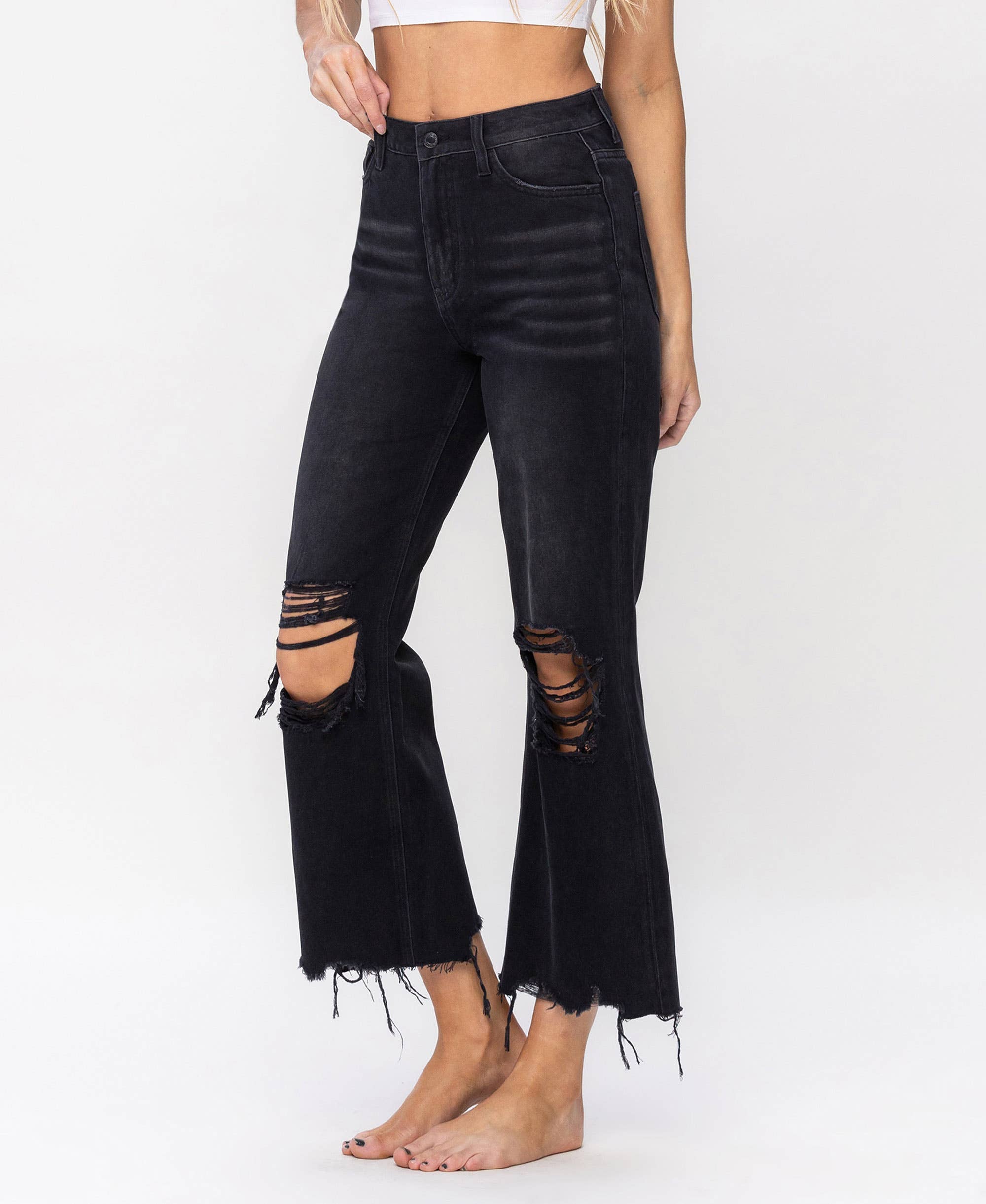 BLACK 90'S VINTAGE SUPER HIGH RISE CROP FLARE JEANS V2736BK for wholesale on Faire5