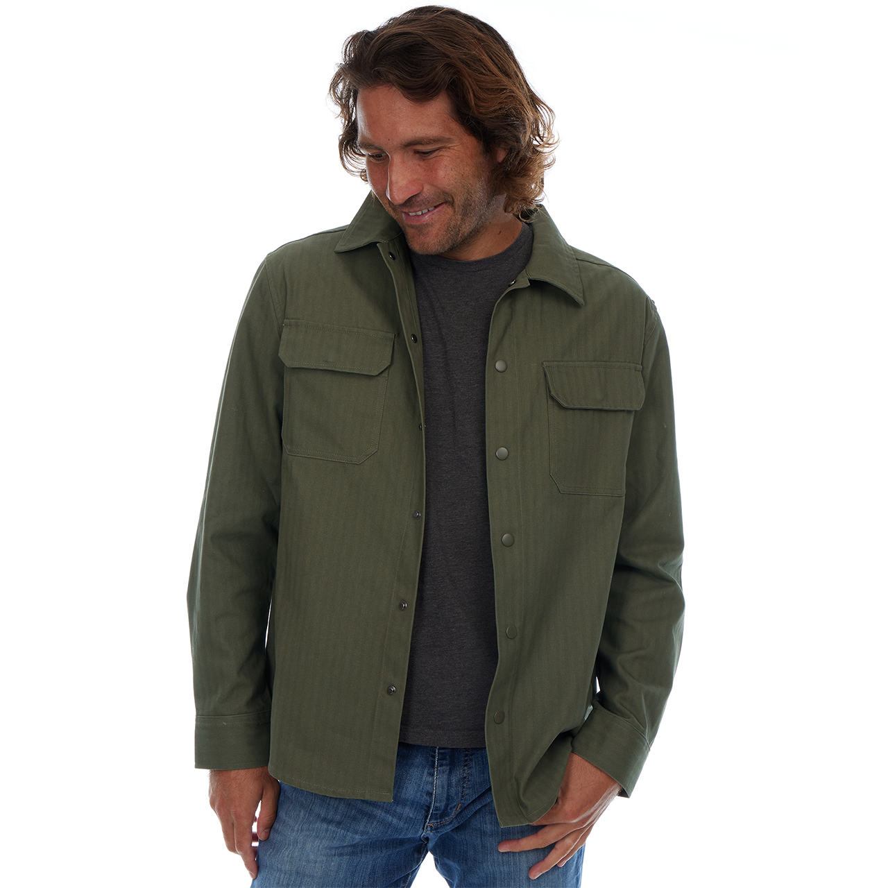 PX - Wholesale Button Down Shirt - Men's - Hassan Olive Cotton Tonal Herringbone Sna Work Shirt Shacket3