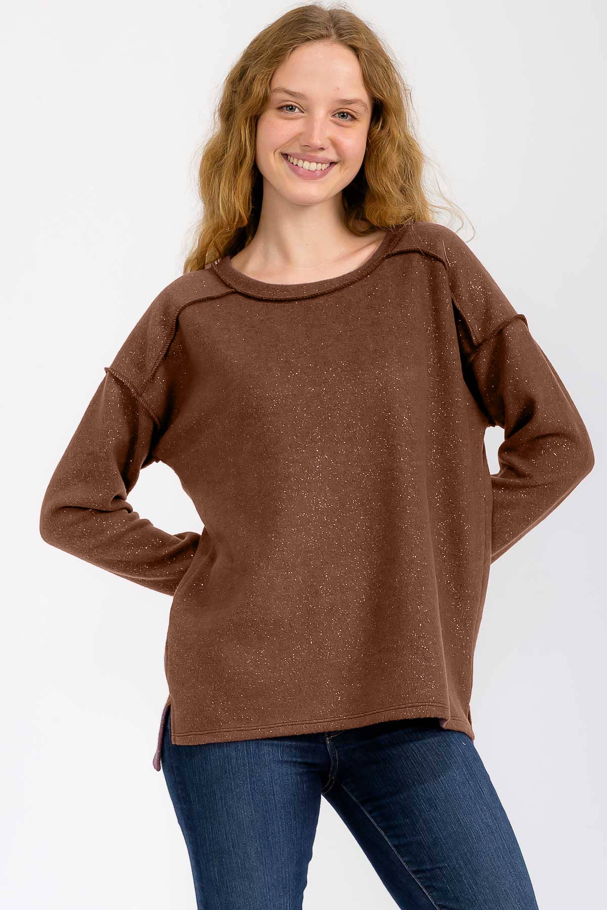 7th Ray - Vendita all'ingrosso Felpa - Donna - Top Pullover con Accenti Glitterati in Metallo Morbido Spazzolato T60468