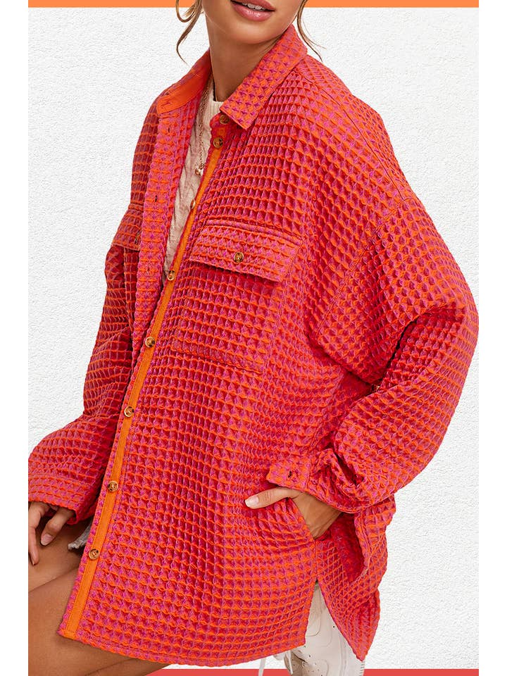 La Miel - Wholesale Shirt Jacket/Shacket - Women’s - JKT1793-Unique Waffle Textured Oversized Button Down Shacket10
