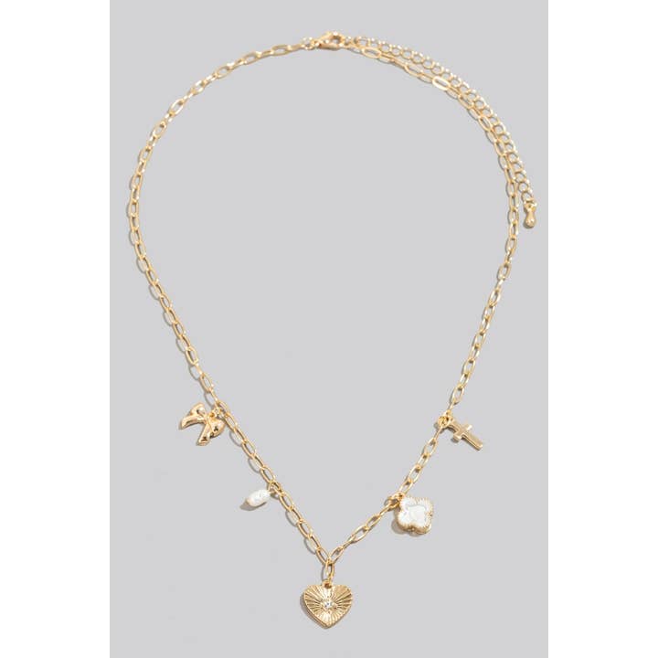 The Looks by Fame Accessories - Wholesale Link & Chain Necklace - Epoxy Clover Heart Cross And Pearl Charms Chain Necklace